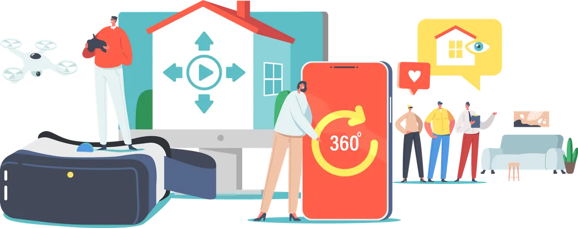 Real Estate Virtual Tour Concept Realtor And Clients Distantly Choose Apartment For Buying Or Rent Tiny Characters At Huge Smartphone With Application Vr Glasses Cartoon People Vector Illustration Illustration