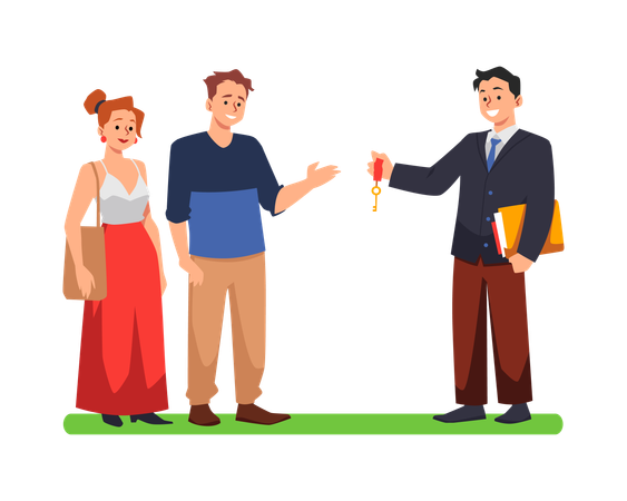 Realtor agent gives the keys to the happy couple real estate agency provides services success deal  Illustration