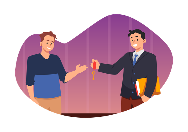 Realtor agent gives the keys to the happy man real estate agency provides services success deal  Illustration