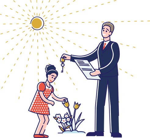 Realtor business man holding contract document giving key from new house to little girl Illustration