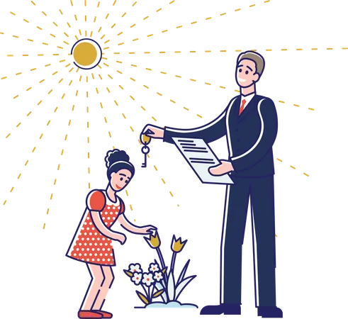 Realtor business man holding contract document giving key from new house to little girl Illustration