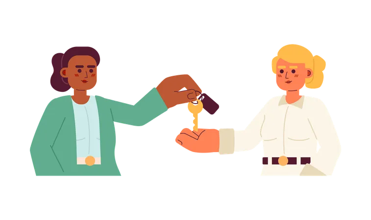 Realtor Buyer Key Handover Process 2 D Cartoon Characters African American Female Real Estate Agent Caucasian Client Isolated Vector People White Background Homeowner Color Flat Spot Illustration 일러스트레이션