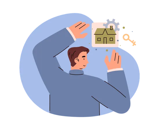 Realtor man promoting house putting ads on wall  Illustration