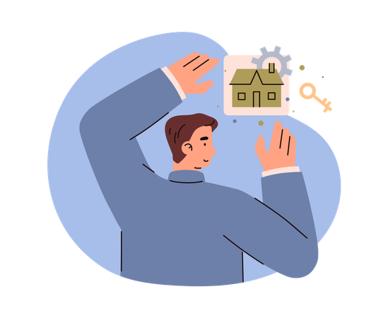 Realtor man promoting house putting ads on wall  Illustration