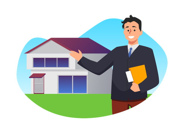 Realtor shows two story home Real estate agency provides services for mortgage loan rent and sale  Illustration