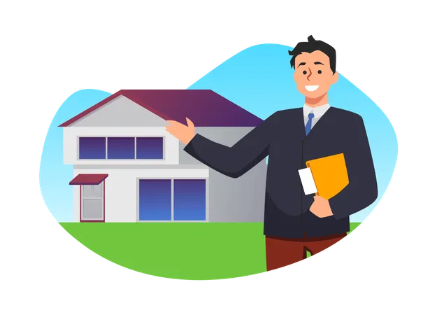 Realtor shows two story home Real estate agency provides services for mortgage loan rent and sale  Illustration
