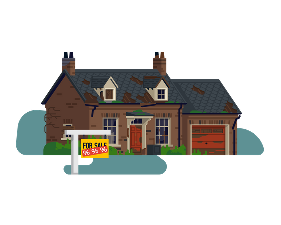 Realty and property market with abandoned house on sale with a great discount  Illustration