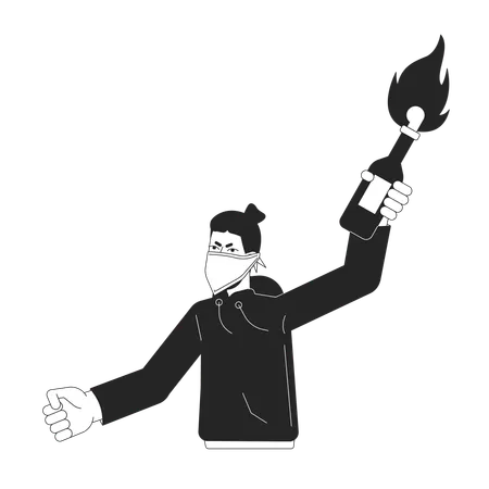 Rebel Holding Molotov Cocktail Flat Line Black White Vector Character Revolt White Revolutionary Editable Outline Half Body Person Simple Cartoon Isolated Spot Illustration For Web Graphic Design Illustration