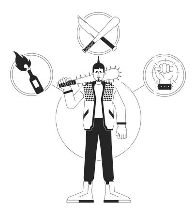Rebel Person Archetype Bw Concept Vector Spot Illustration Aggressive Man With Baseball Bat Weapon 2 D Cartoon Flat Line Monochromatic Character For Web UI Design Editable Isolated Outline Hero Image Illustration