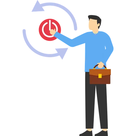 Concept Of Rebooting Business Or Career Businessman Carefully Reaching His Finger To Press Reboot Or Restart Button Refreshing Work Energy Or Resuming The New Journey Changes To Increase Output Illustration