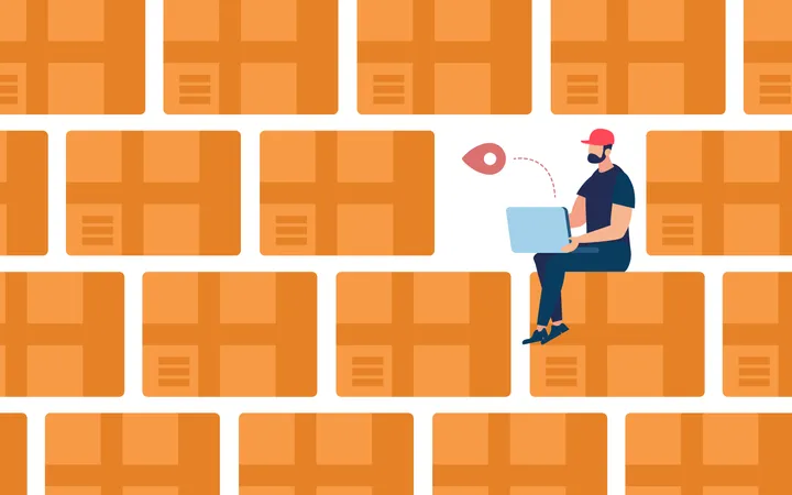 Advertising Poster Receiving And Forming Orders Boxes Are Stacked With Thick Wall Guy Is Sitting Between Them In Free Space Banner Warehouse For Storage Goods Vector Illustration イラスト