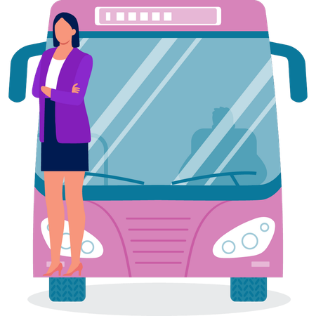 Hospedeira de ônibus em pé com ônibus  Ilustração