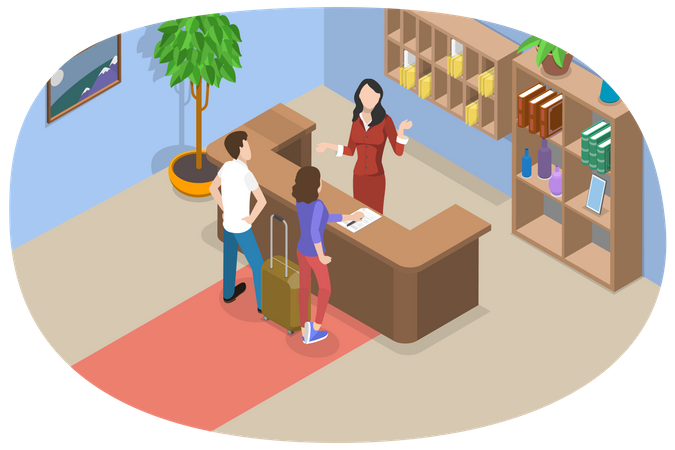Receptionist instructing Tourists or travellers at Hotel Lobby  Illustration