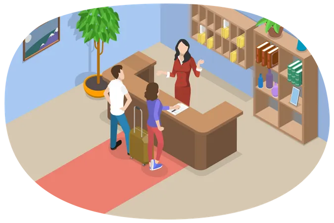 3 D Isometric Flat Vector Conceptual Illustration Of Receptionist Tourists Or Travellers At Hotel Lobby Illustration