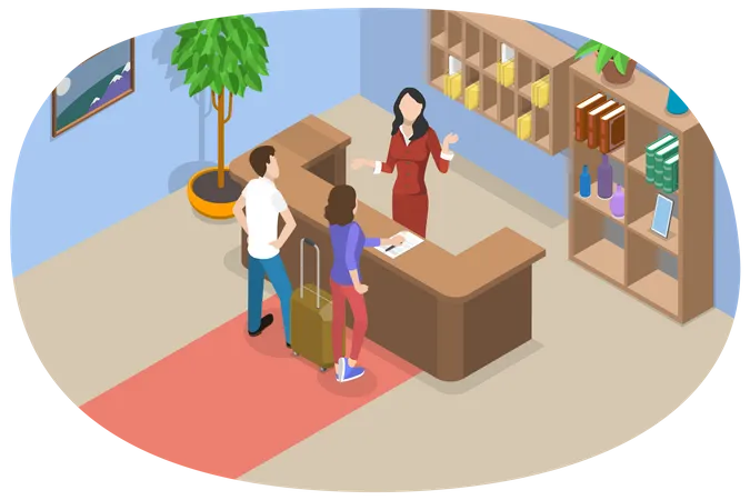 Receptionist instructing Tourists or travellers at Hotel Lobby  Illustration