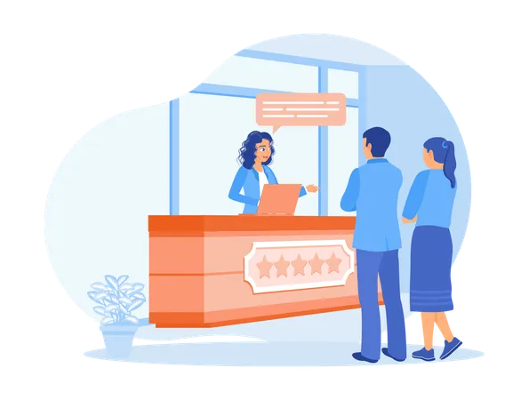 Receptionist serves tourists in friendly manner  Illustration