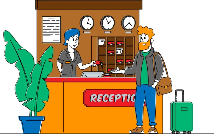 Receptionist Stand at Lobby Desk Give Room Key to Businessman Guest in Hotel Reception  Illustration