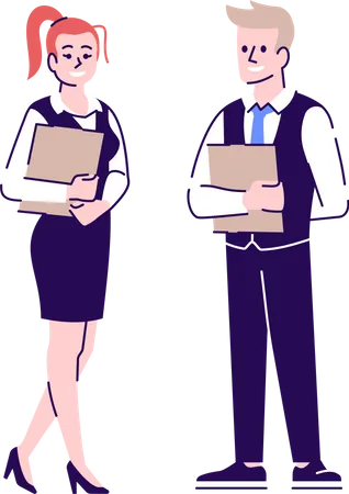 Receptionists Flat Vector Character Personal Assistants Client Managers Office Workers With Clipboards Cartoon Illustration Woman And Man Administrators Hostess Secretary Isolated On White Illustration