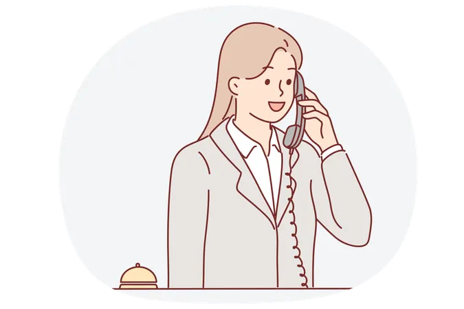 Receptiont woman talking on phone answering customer call with request to send maid or waiter  Illustration