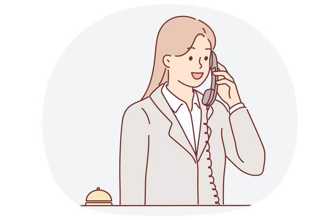 Receptiont woman talking on phone answering customer call with request to send maid or waiter Illustration