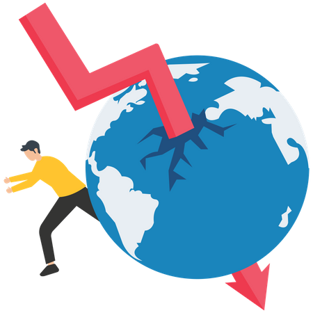 Recesión global o desaceleración económica, crisis financiera global, efecto de la inflación, el mercado de valores es volátil, gráfico de flechas cayendo al mundo  Ilustración