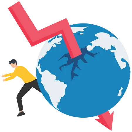 Recesión global o desaceleración económica, crisis financiera global, efecto de la inflación, el mercado de valores es volátil, gráfico de flechas cayendo al mundo  Ilustración