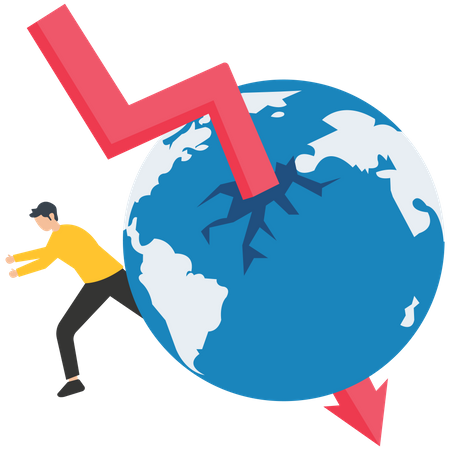 Recessão Global ou Desaceleração Económica, crise financeira global, Efeito da inflação, O mercado de ações é volátil, Gráfico de seta caindo no mundo  Ilustração