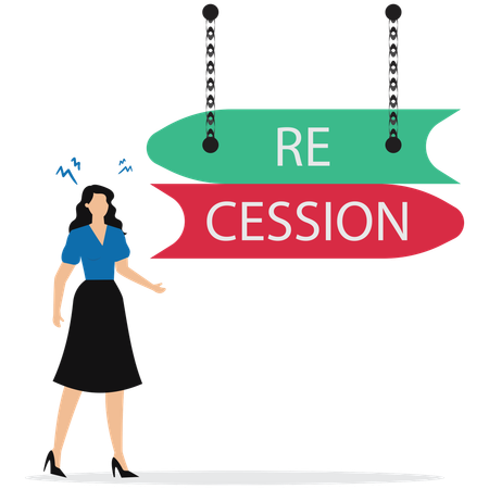 Recession ahead sign, global economic crisis with a businesswoman  Illustration