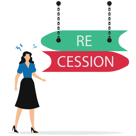 Recession ahead sign, global economic crisis with a businesswoman  Illustration