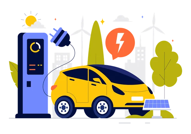 Chargement de la batterie d'une voiture électrique  Illustration