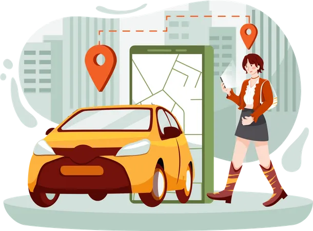 Touriste recherchant un taxi en ligne pour voyager  Illustration