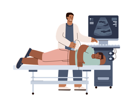 Médecin effectuant des recherches par ultrasons pour un patient  Illustration