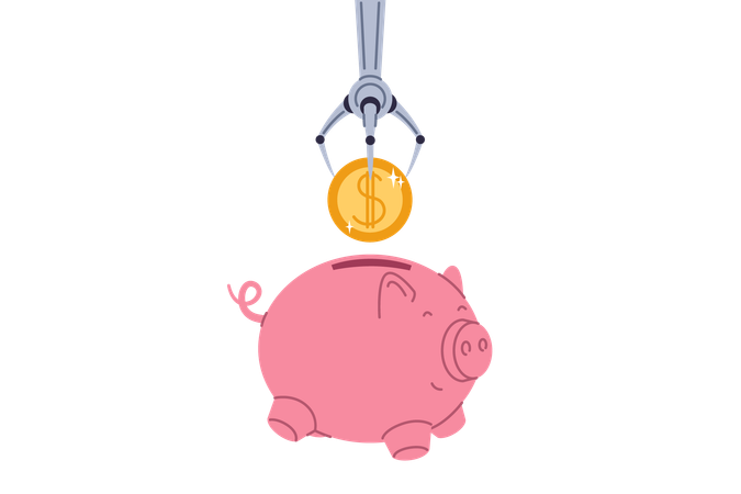 Recibir ingresos pasivos gracias a la mano de un robot que arroja una moneda a una alcancía que desarrolla fintech  Ilustración