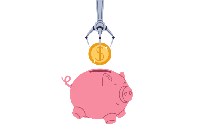 Recibir ingresos pasivos gracias a la mano de un robot que arroja una moneda a una alcancía que desarrolla fintech  Ilustración