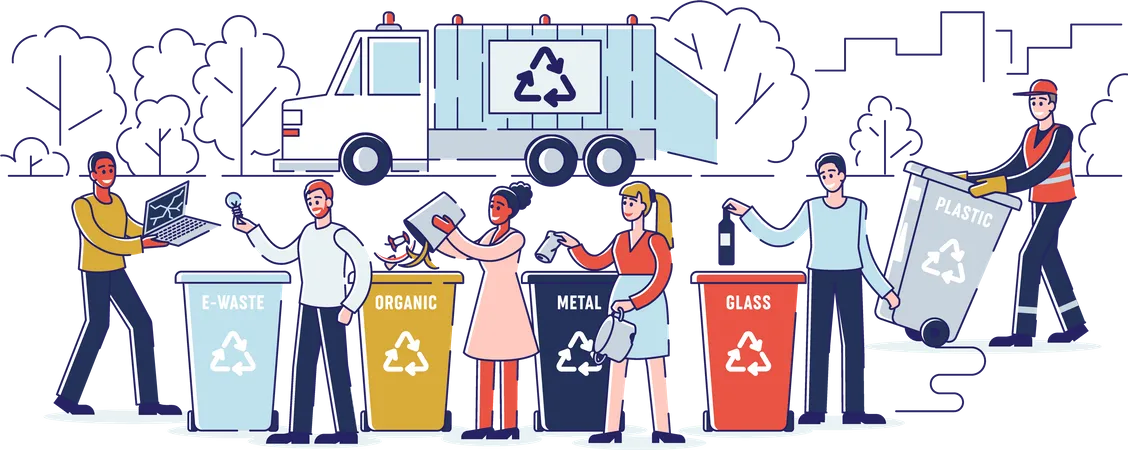 Conceito De Reciclagem E Desperdicio Zero As Pessoas Estao Separando O Lixo E Jogando O Lixo Em Lixeiras Apropriadas Coletor De Lixo Carregando Residuos Em Caminhao De Lixo Ilustracao Vetorial Plana Do Contorno Dos Desenhos Animados Ilustração