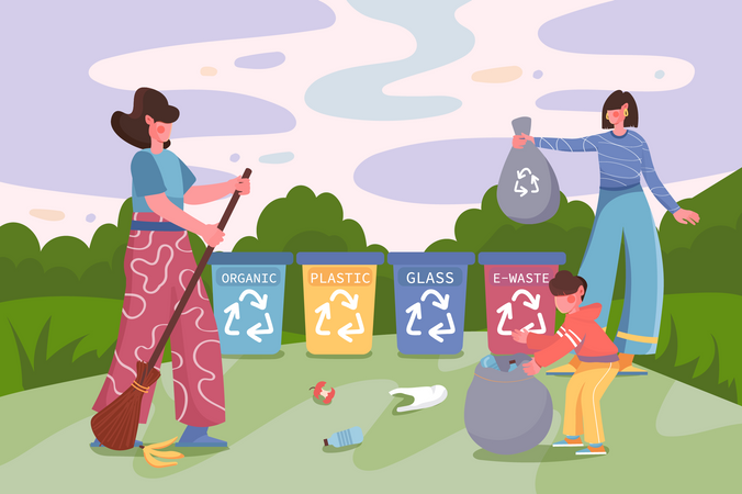 Reciclaje de residuos en la naturaleza  Ilustración