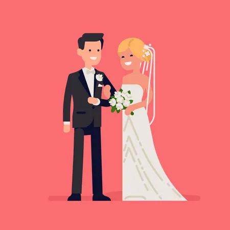 Recién casados caucásicos juntos vistiendo vestidos de novia  Ilustración