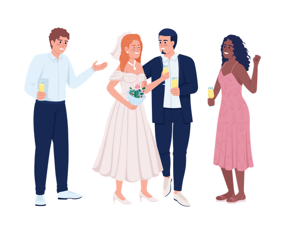 Recién casados celebrando evento de boda con amigos  Ilustración