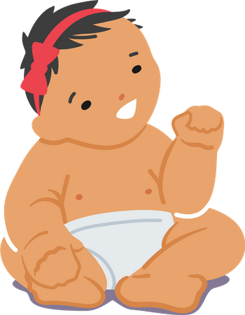Niña asiática recién nacida usa pañal y lazo rojo en la cabeza  Ilustración