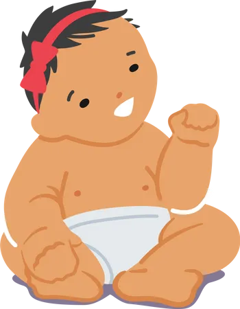 Niña asiática recién nacida usa pañal y lazo rojo en la cabeza  Ilustración