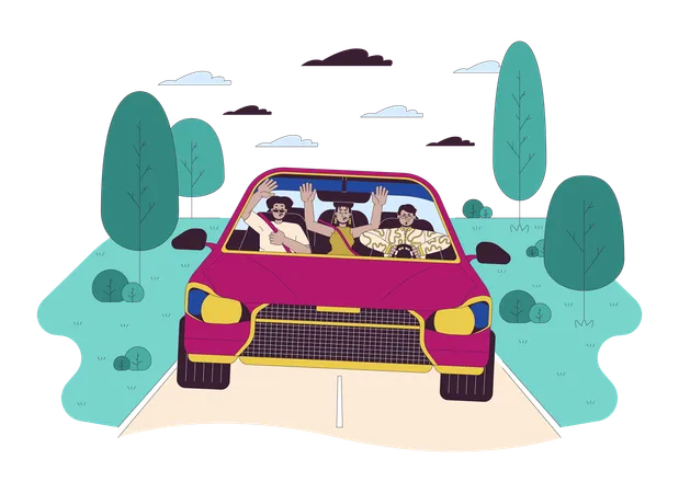 Reckless Driving Line Cartoon Flat Illustration Diverse Friends Riding Vehicle With Rules Violation 2 D Lineart Characters Isolated On White Background Road Accident Danger Scene Vector Color Image イラスト