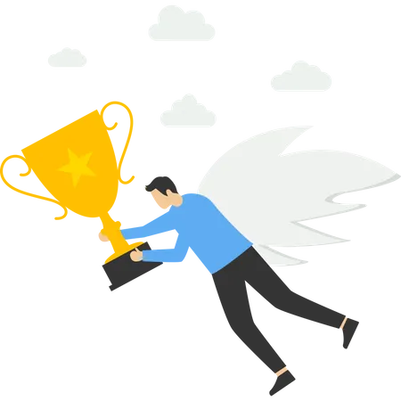 Award Concept Recognition Of A Proud Employee Or Worker Of The Month Business Concept Flat Style Design Vector Illustration Young Adults Jump In The Air With Trophies Illustration