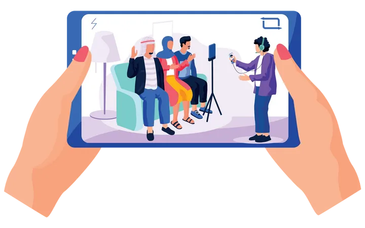 Set Of Pictures About Video On Phone People Of Arabian Nationality Are Giving Interviews On Camera Woman With Phone In Hands Is Recording A Video Massage From People Flat Vector Illustration Illustration