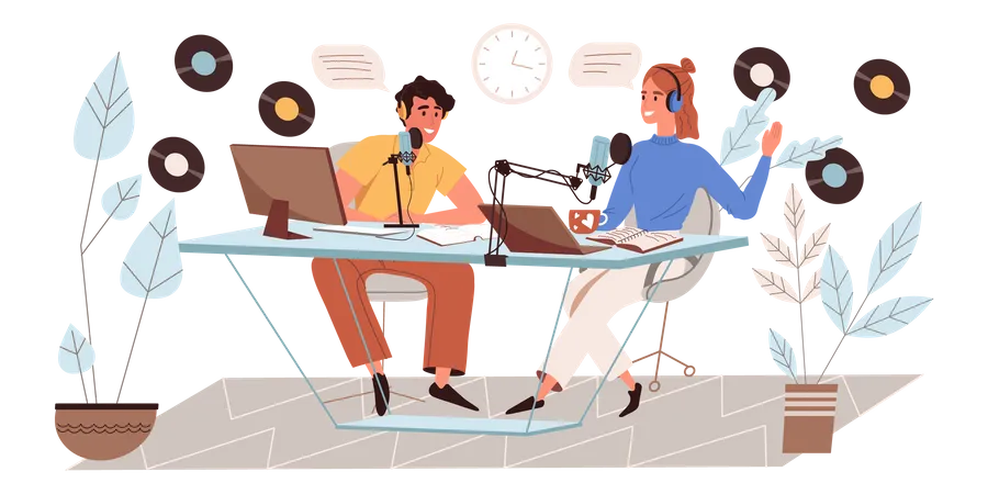 Recording Audio Podcast Concept In Flat Design Man And Woman Talk To Microphones Work At Computers Broadcasting Conversation Or Interview In Studio Podcast Hosts People Scene Vector Illustration Illustration