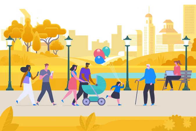Recreation In Autumn Park Flat Vector Illustration Happy Men Women And Kid Outdoors Cartoon Characters Parents With Pram And Young Couple On Stroll Girl With Grandfather Woman Working With Laptop Illustration