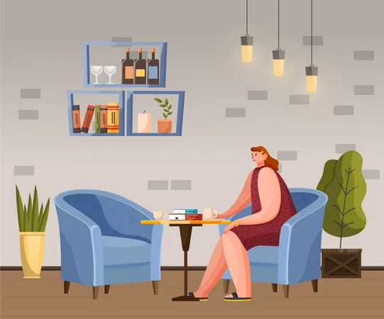 Descanso femenino con taza en cafetería  Ilustración