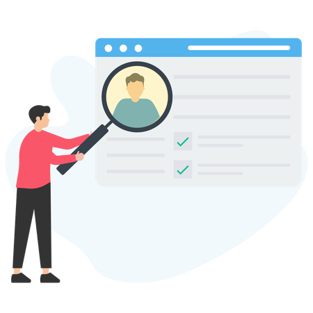 Recruiter using magnifying glass searching for candidate profile on online platform  Illustration