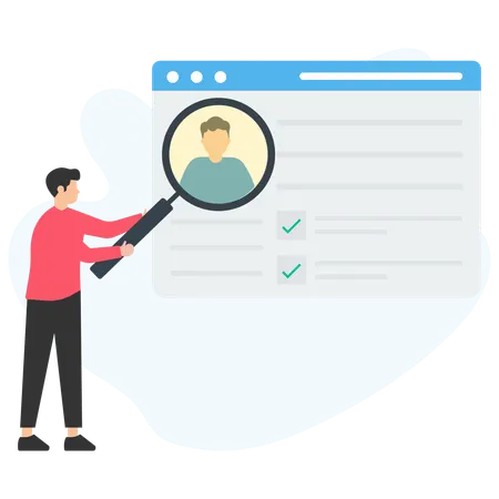 Recruiter using magnifying glass searching for candidate profile on online platform  Illustration