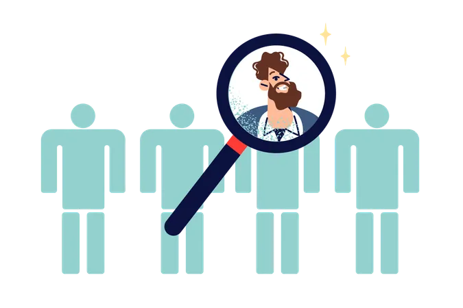 Recruiting Process For Selecting Candidates For Vacancy With Magnifying Glass Over Man Face Near Faceless People Concept Of Importance Of Recruiting Search For HR Department Employees Illustration