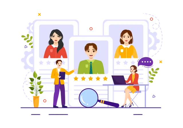 Recruitment Agency Vector Illustration With Managers Searching Candidate For Job Position In Flat Cartoon Hand Drawn Background Templates Illustration